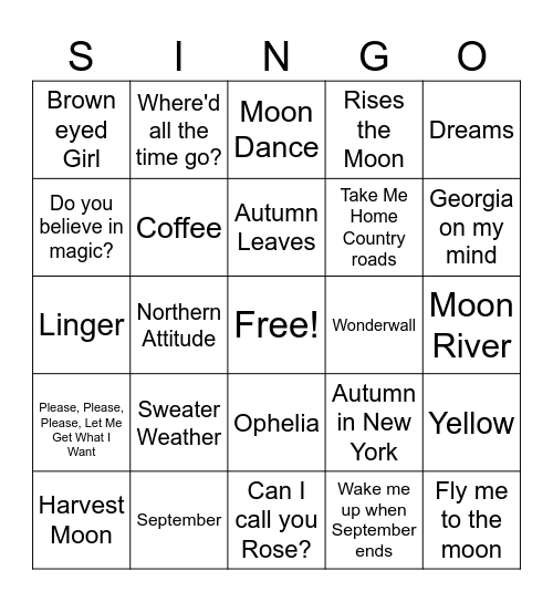 Fall Singo Bingo Card
