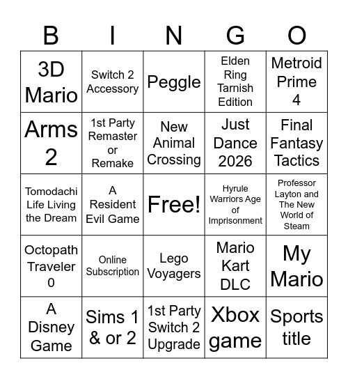 September Nintendo Direct Bingo Card