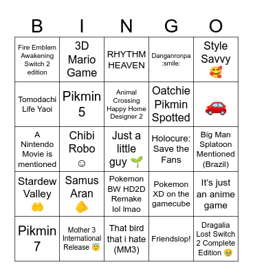 Nintendo Direct 9/12 Bingo Card