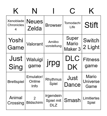 Nintendo Direct September Bingo Card