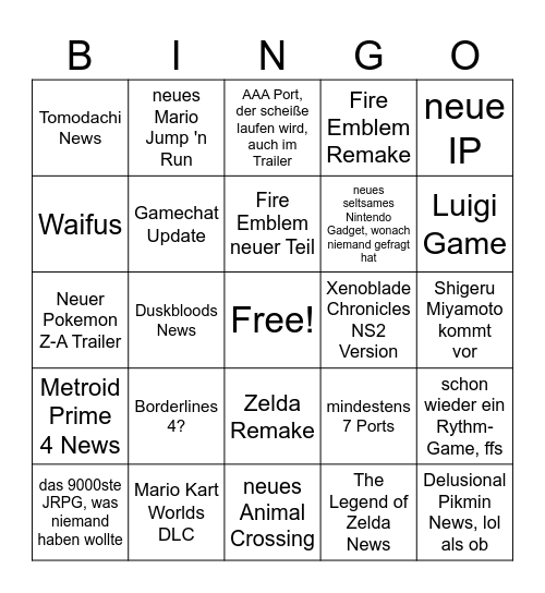 Nintendo Direct Bingo Card