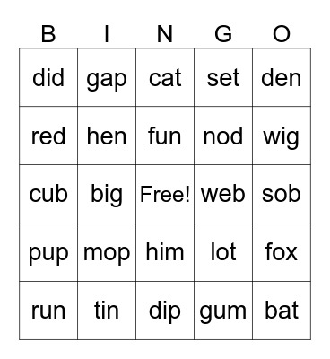 CVC Words Bingo Card