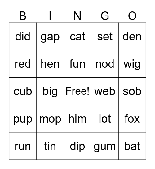 CVC Words Bingo Card