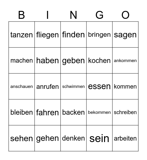 Verben Bingo Card