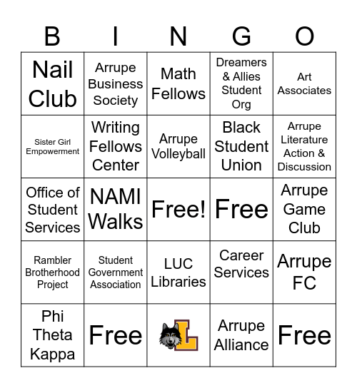 Arrupe Student Org Fair BINGO Card