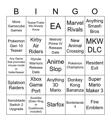 Nintendo Direct 9/12/25 Bingo Card