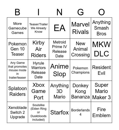 Nintendo Direct 9/12/25 Bingo Card