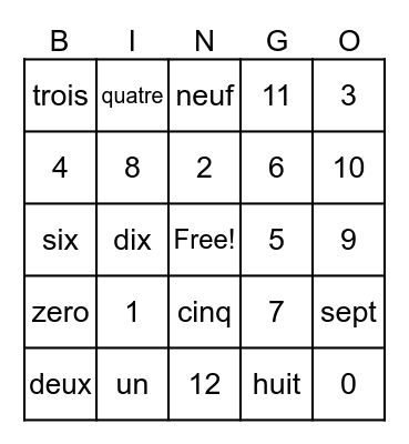 Les numeros 1-10 Bingo Card
