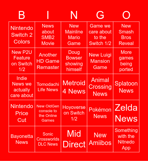 Nintendo Direct Sept. 2025 Bingo Card
