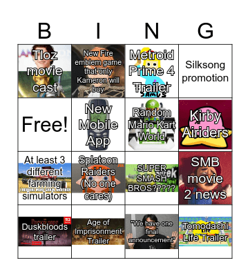Nintendo Direct 9/12/25 Bingo Card