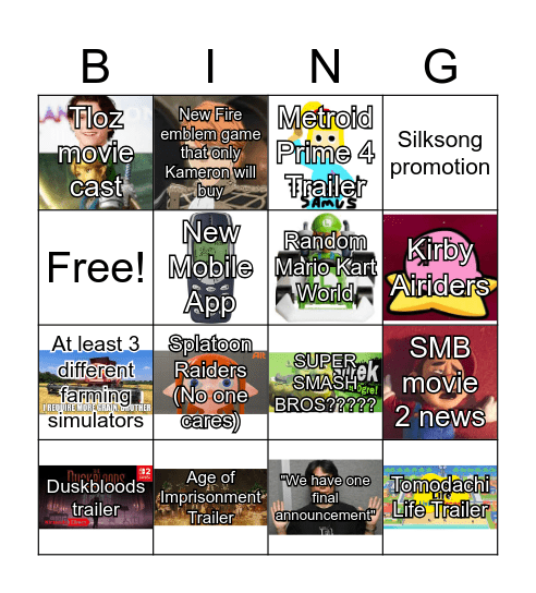 Nintendo Direct 9/12/25 Bingo Card