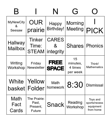 Welcome to Second Grade! Bingo Card