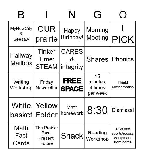 Welcome to Second Grade! Bingo Card