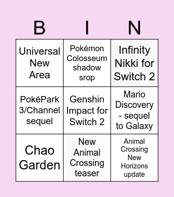 Nintendo Direct Bingo Card