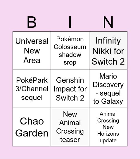 Nintendo Direct Bingo Card