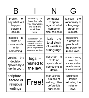 Latin Roots Bingo Card