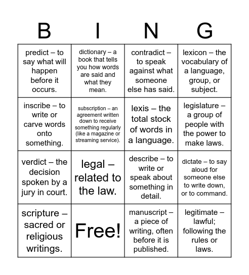 Latin Roots Bingo Card