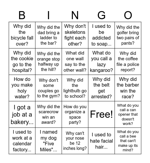 Dad Jokes Bingo Card