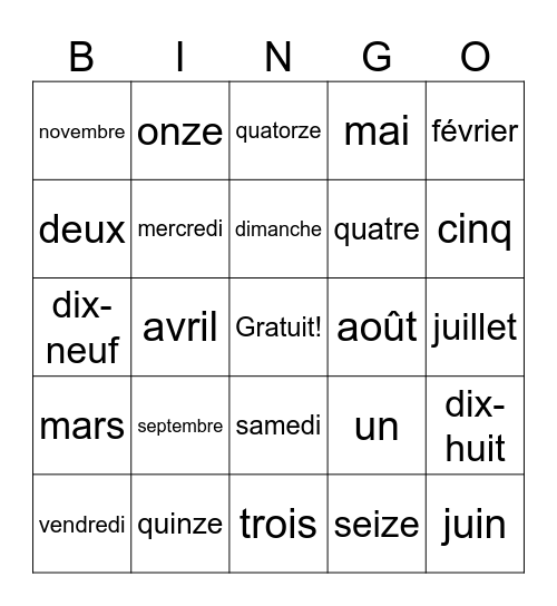 La date et les numéros Bingo Card