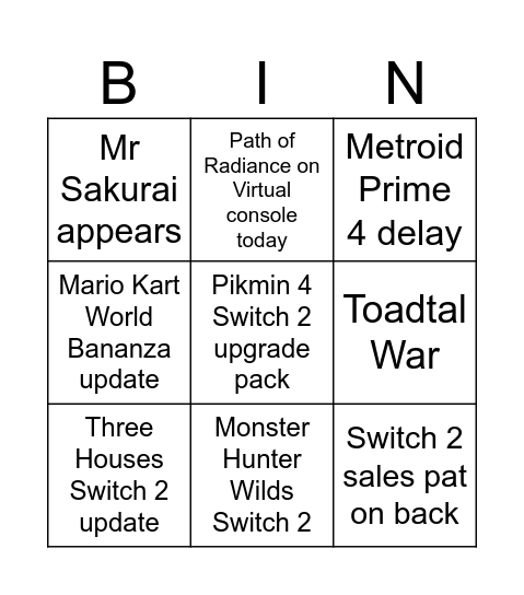 Nintendo Direct - Alfie Bingo Card