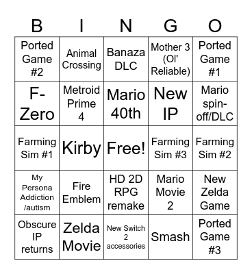 Nintendo Direct 9/12/25 Bingo Card