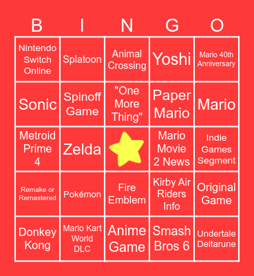 Nintendo Direct Bingo Card