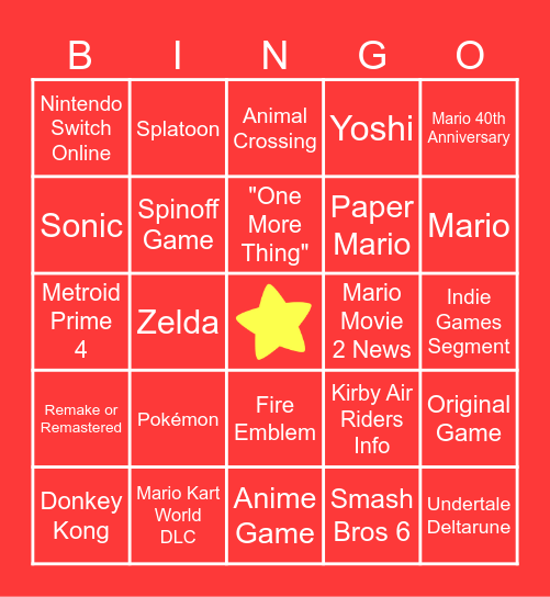 Nintendo Direct Bingo Card