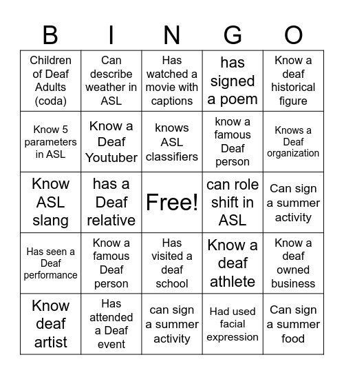 deaf culture bingo Card