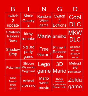 Nintendo Direct Bingo Card