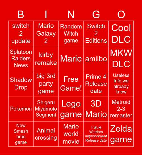 Nintendo Direct Bingo Card