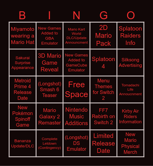 9/12 Direct Bingo Card