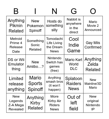 Nedtendo Bingo Card