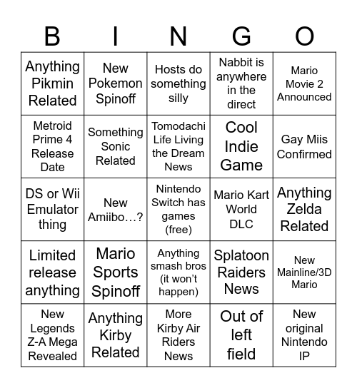 Nedtendo Bingo Card