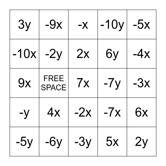 Combining Like Terms Bingo Card