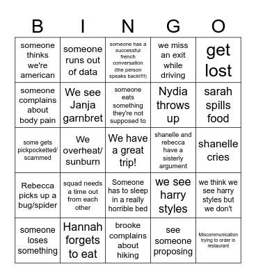 Squad leaves Canada Bingo Card