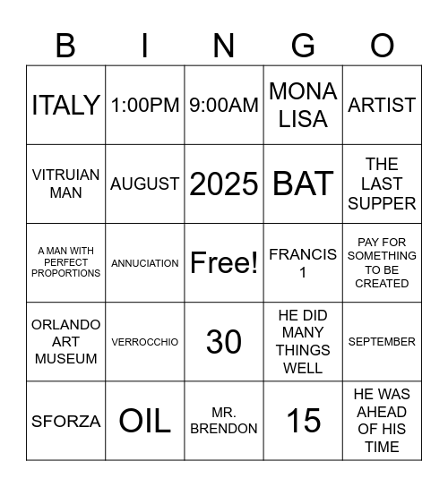 LEONARDO DI VINCI Bingo Card