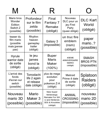 Nintendo Direct Bingo Card