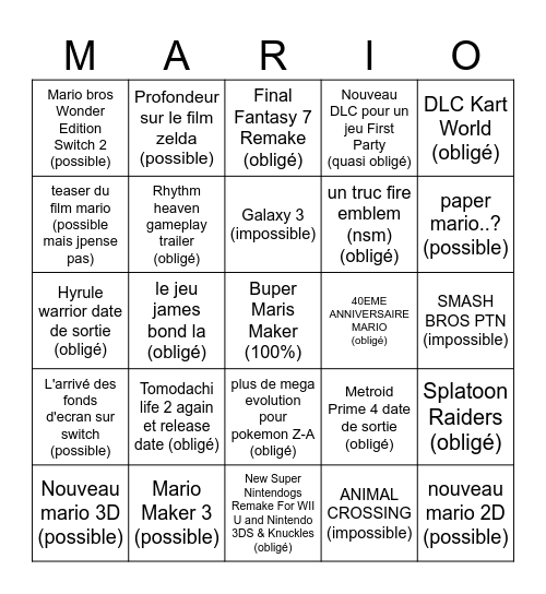 Nintendo Direct Bingo Card