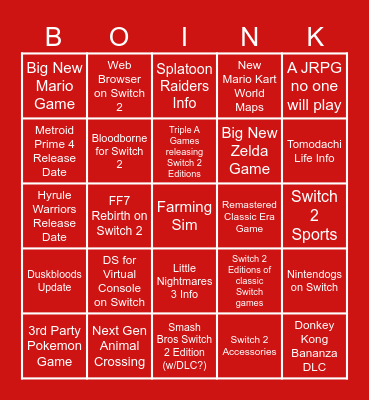 Nintendo Direct Bingo Card