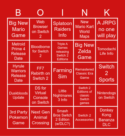 Nintendo Direct Bingo Card