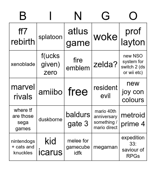 nintenslop Bingo Card
