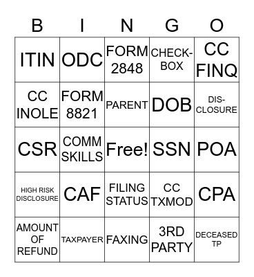 IRS LINGO BINGO Card