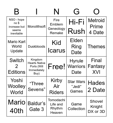 Nintendo Direct Bingo Card