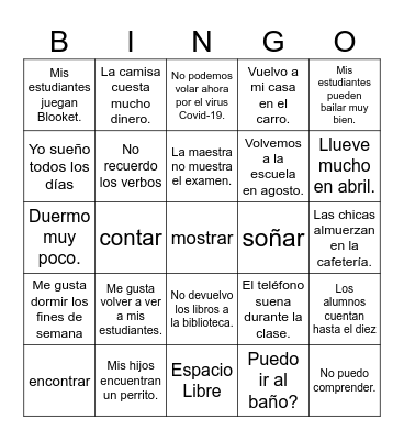 O to UE Stem-Changing Verbs Bingo Card