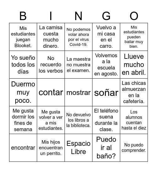 O to UE Stem-Changing Verbs Bingo Card