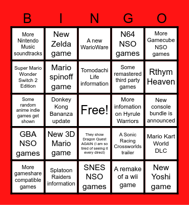 Nintendo Direct Bingo Card