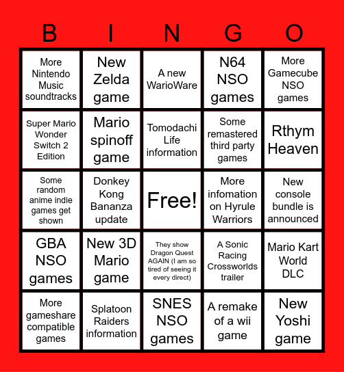 Nintendo Direct Bingo Card