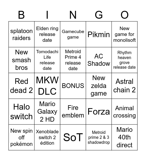 Nintendo Bingo Card