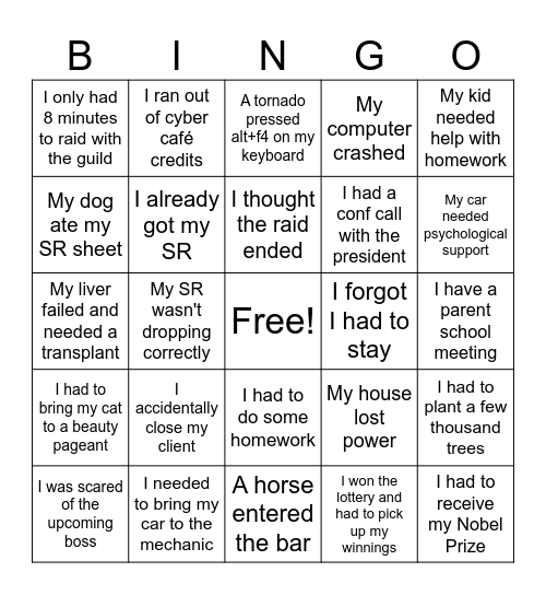 Reasons for Chanka to leave mid raid Bingo Card