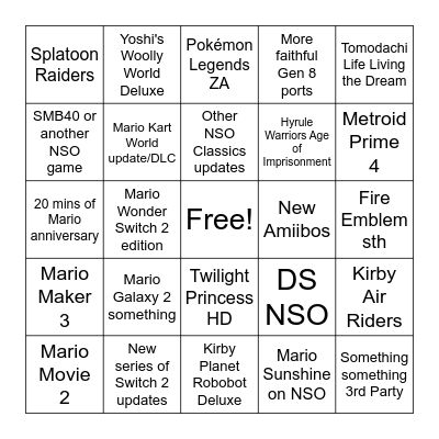 Nintendo Direct 12/9/2025 Bingo Card